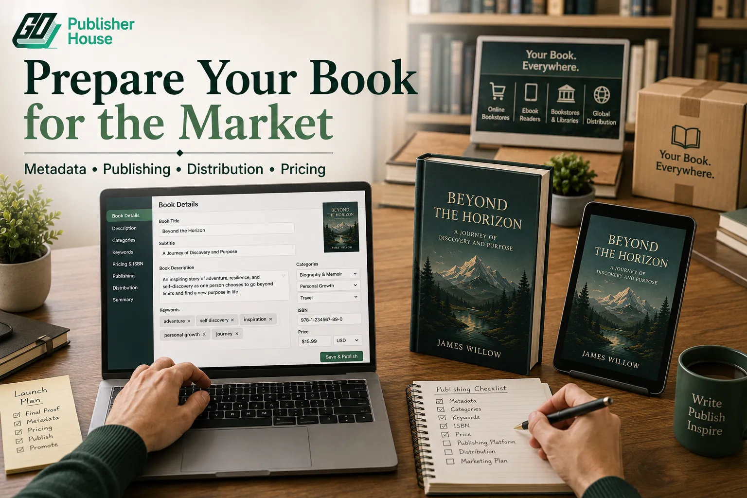 Author preparing book metadata, pricing, publishing, and distribution for a successful book launch.
