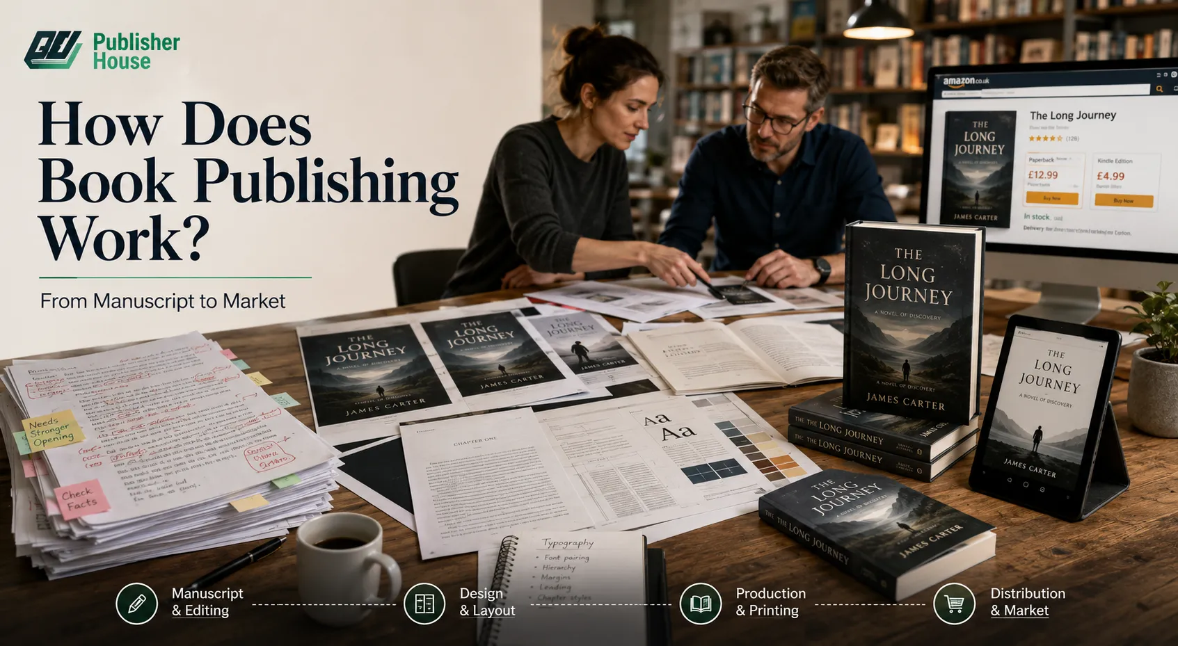 How book publishing works from manuscript editing and book design to production, printing, ebook publishing, and distribution.