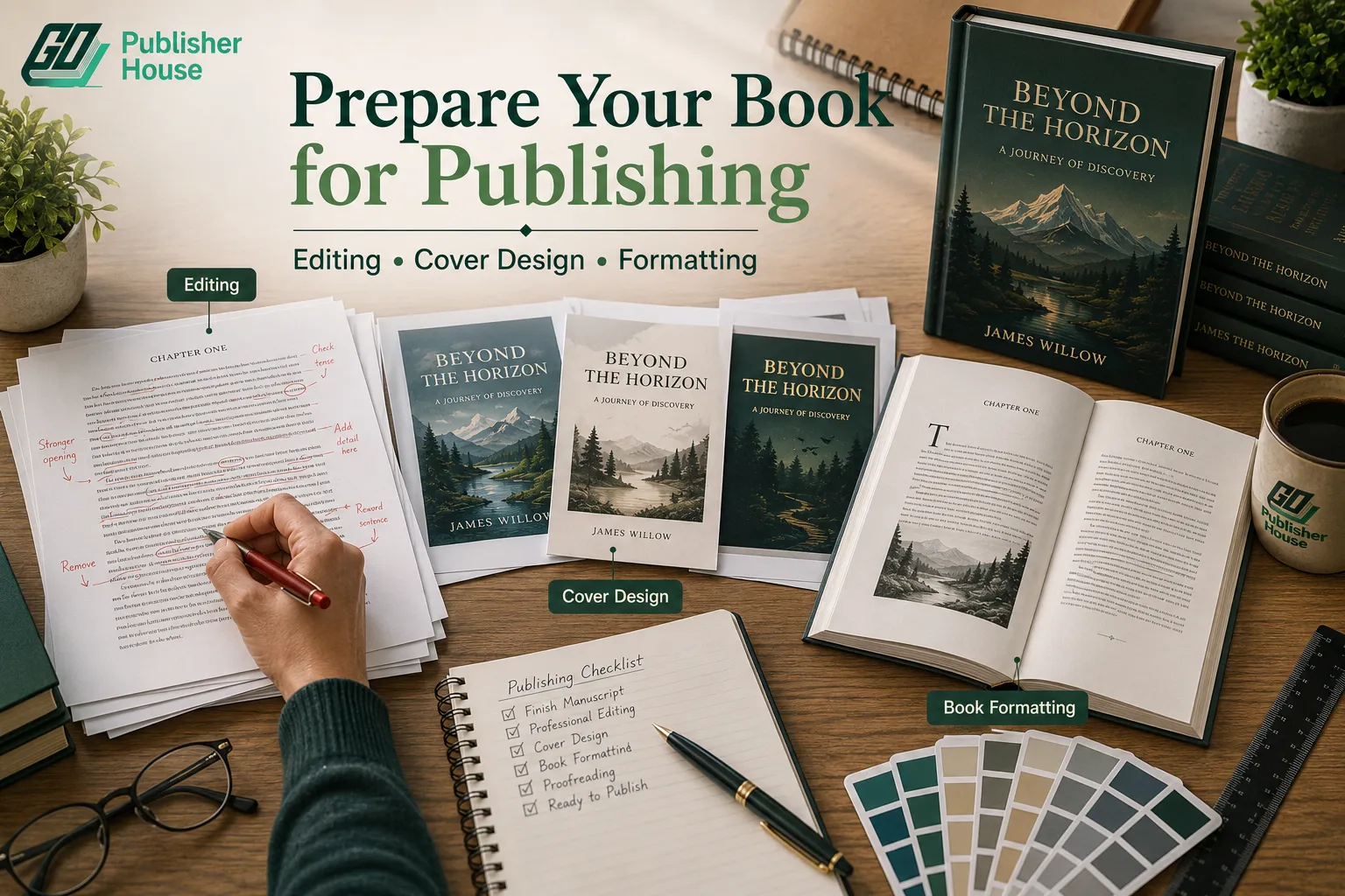 Book preparation process showing professional editing, cover design, and book formatting before publishing.