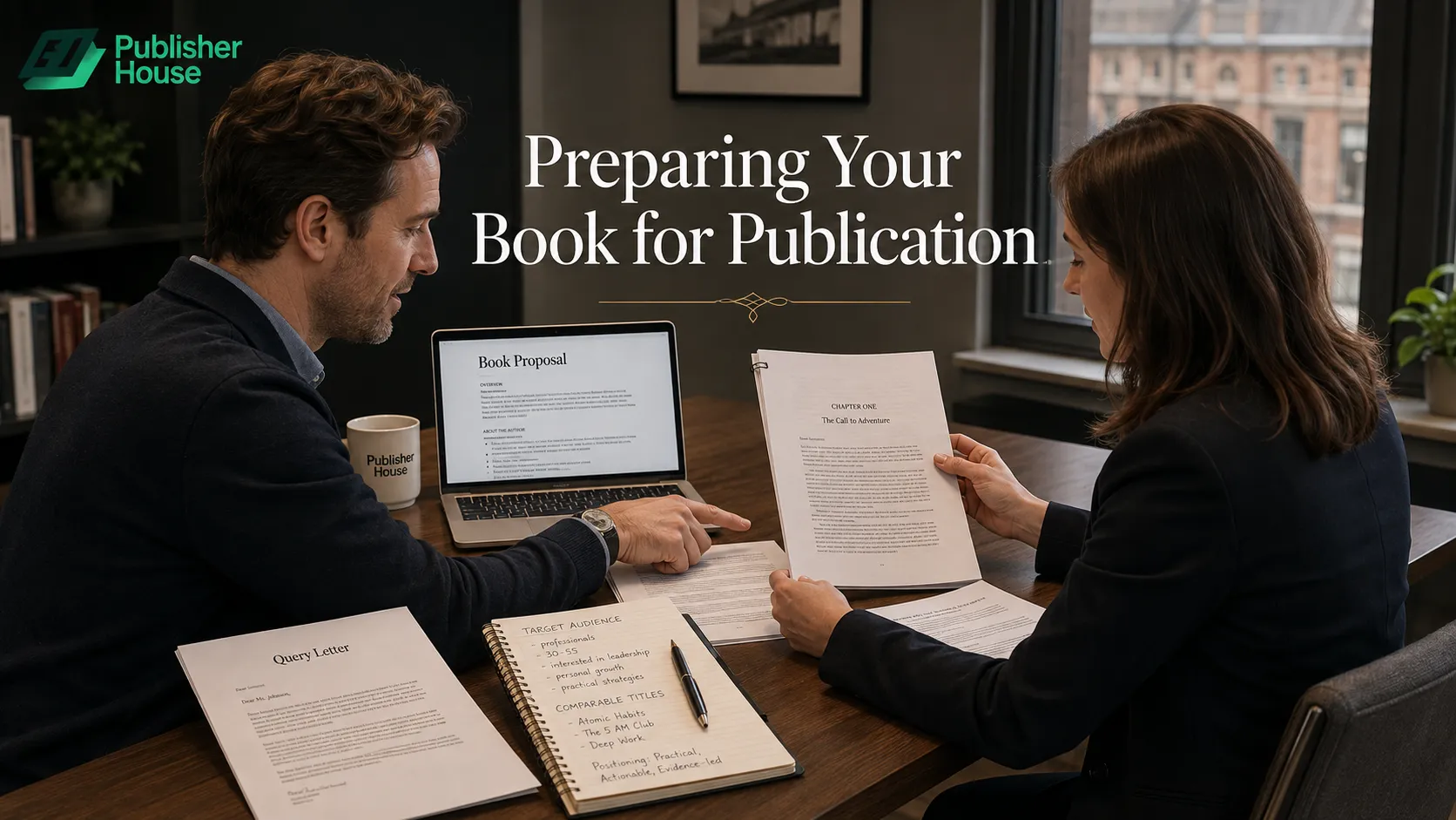 Author and publishing professional reviewing a manuscript, book proposal, query letter, target audience notes, and submission documents before publication.