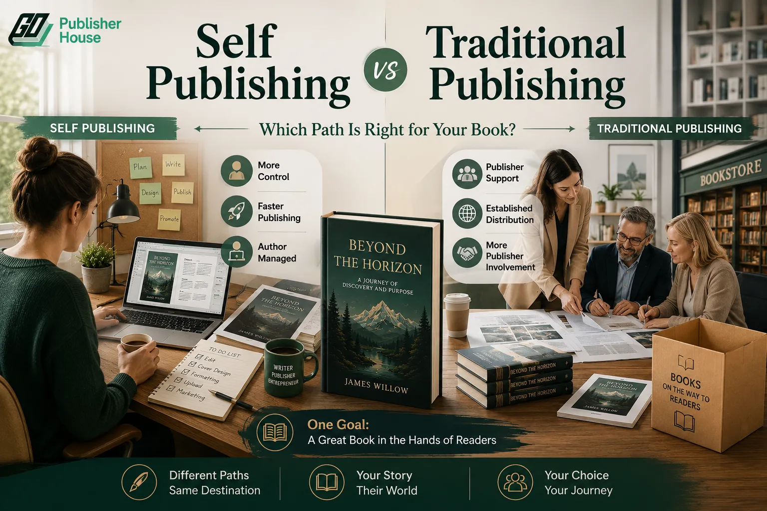 Self publishing vs traditional publishing comparison showing control, publishing speed, publisher support, and book distribution options.