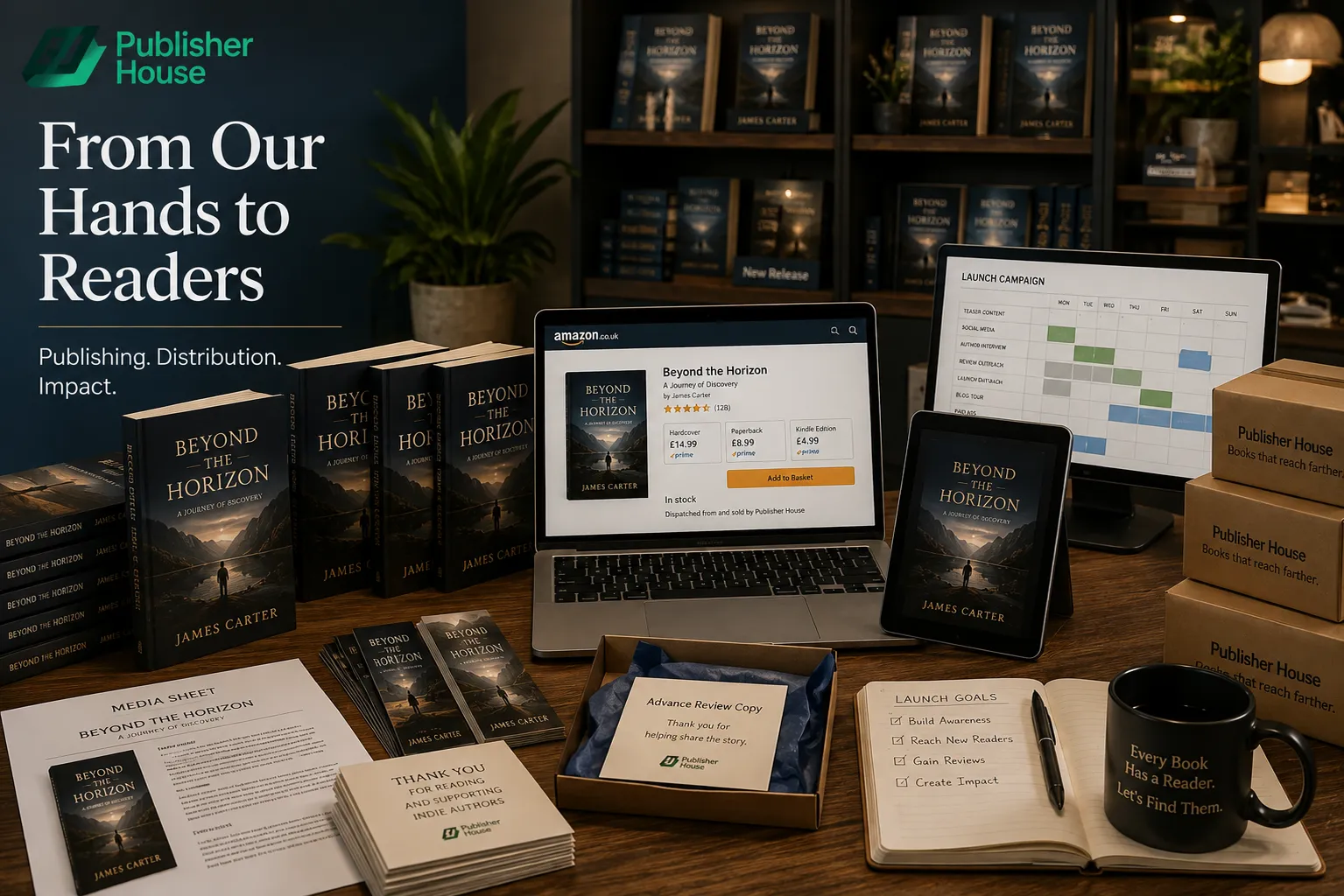 Finished book prepared for readers through publishing, online retail, ebook distribution, marketing campaigns, promotional materials, and bookstore availability.