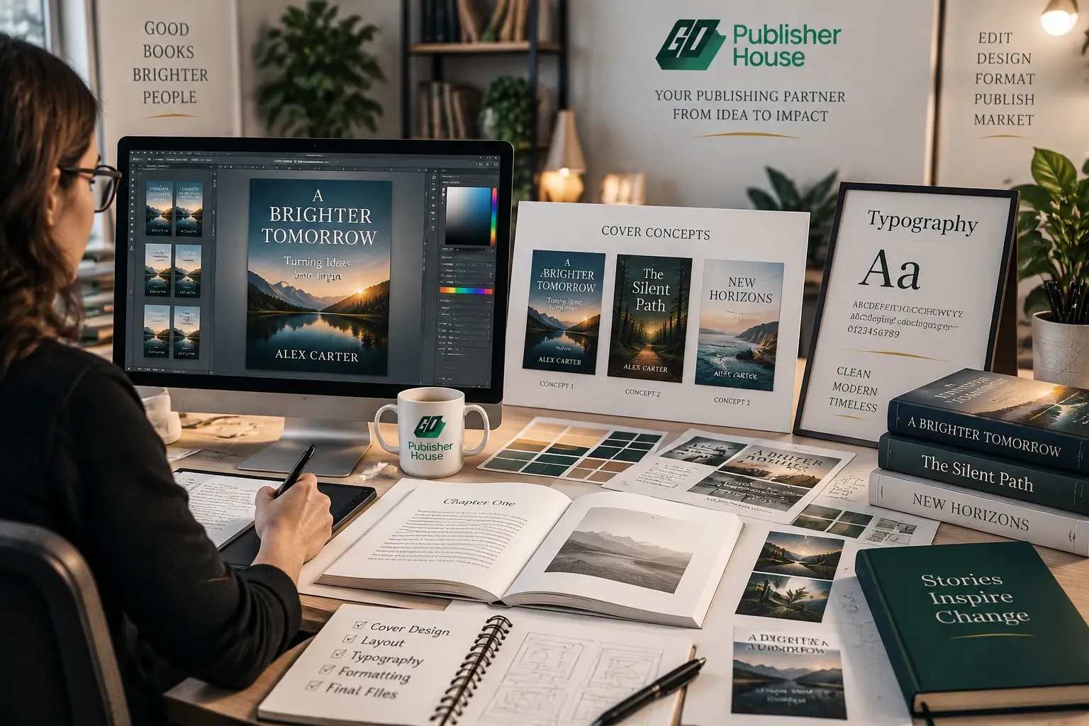Professional book designer creating cover concepts and interior layouts with typography samples and finished books in a publishing studio workspace.
