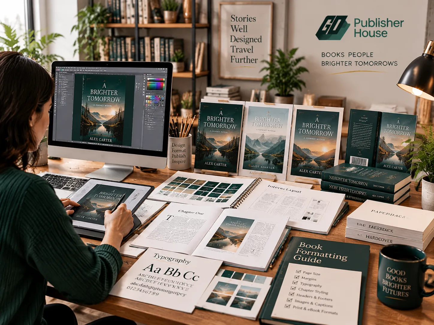 Professional book publishing workspace showing finished books, publishing checklist, ISBN documents, digital book formats, marketing materials, and distribution preparation before reaching readers.