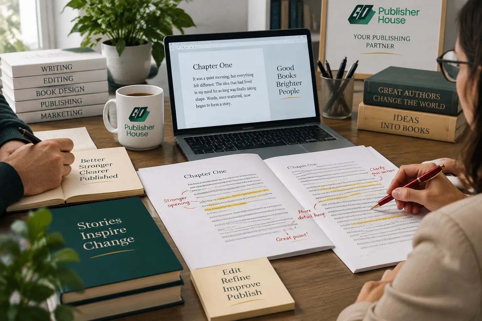 Author and editor reviewing manuscript pages with editing notes and revisions in a professional publishing workspace.