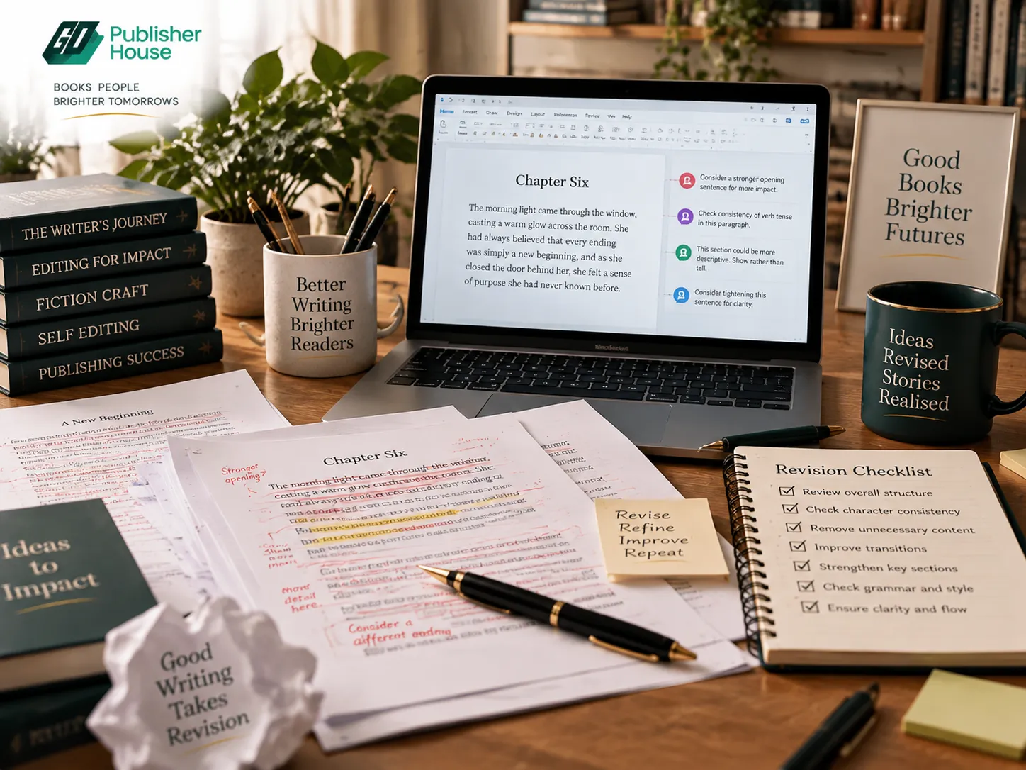 Author manuscript revision workspace with edited pages, proofreading notes, laptop manuscript review, and publishing checklist in a professional editorial setting.