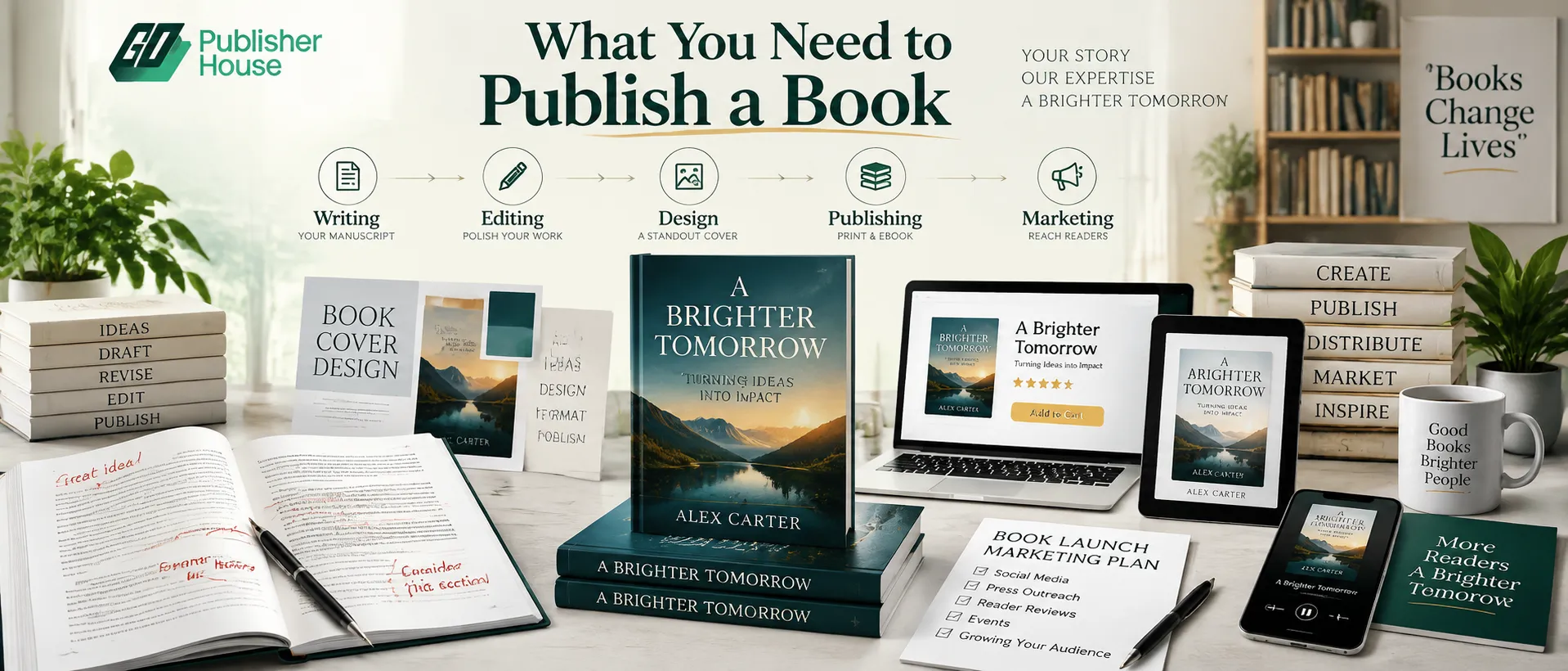 Premium publishing banner showing the journey from manuscript to published book with editing, book design, formatting, distribution, and marketing elements.