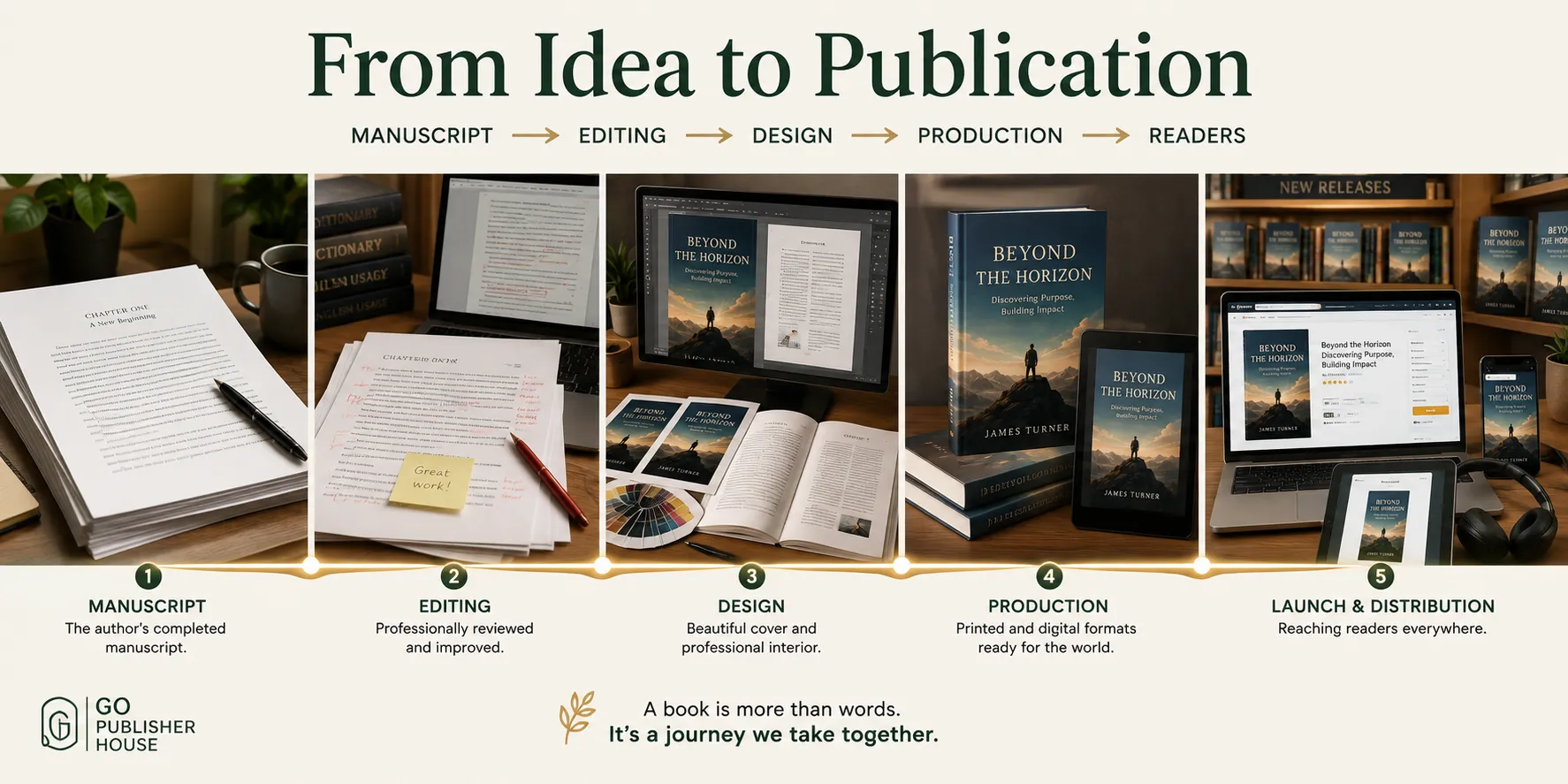 Book publishing journey showing a manuscript progressing through editing, cover design, production, and launch and distribution to reach readers.