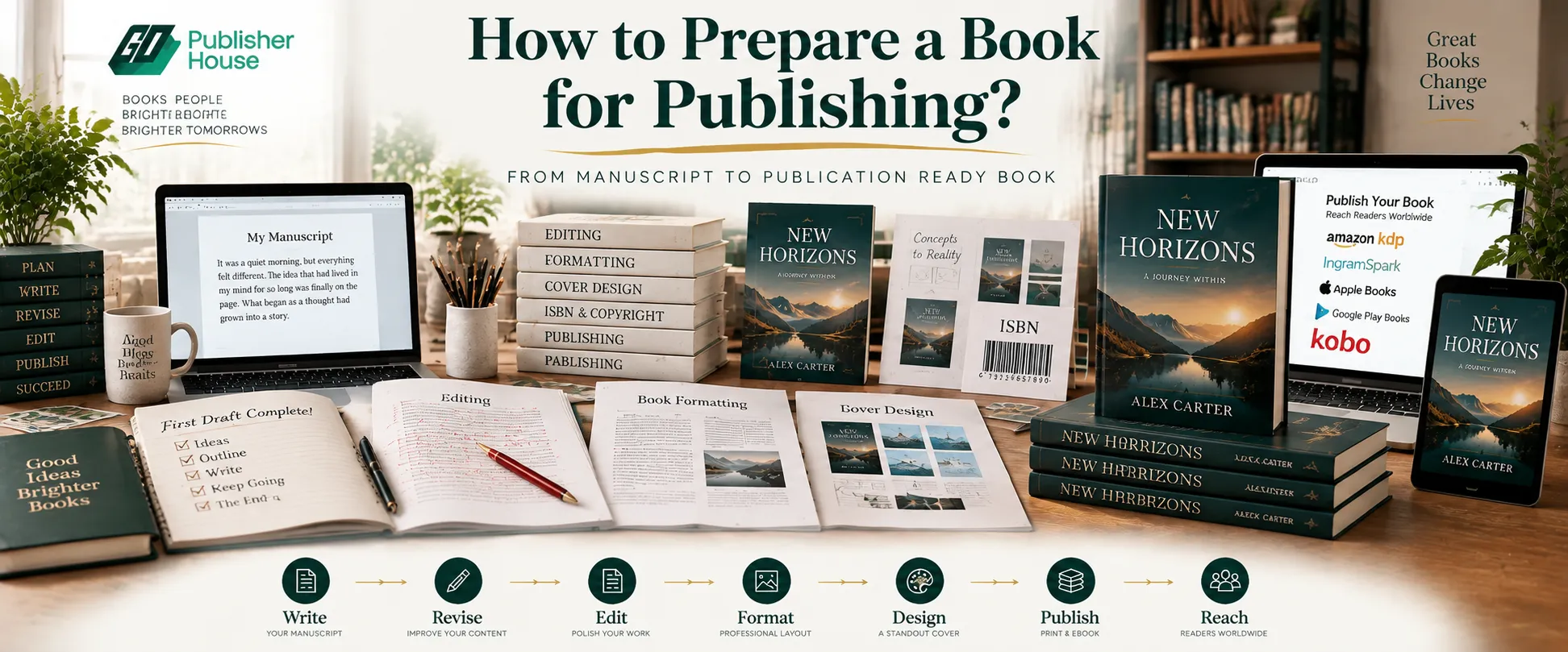 Book publishing preparation banner showing a manuscript, editing, formatting, cover design, ISBN, publishing platforms, and the complete journey from writing to reaching readers.
