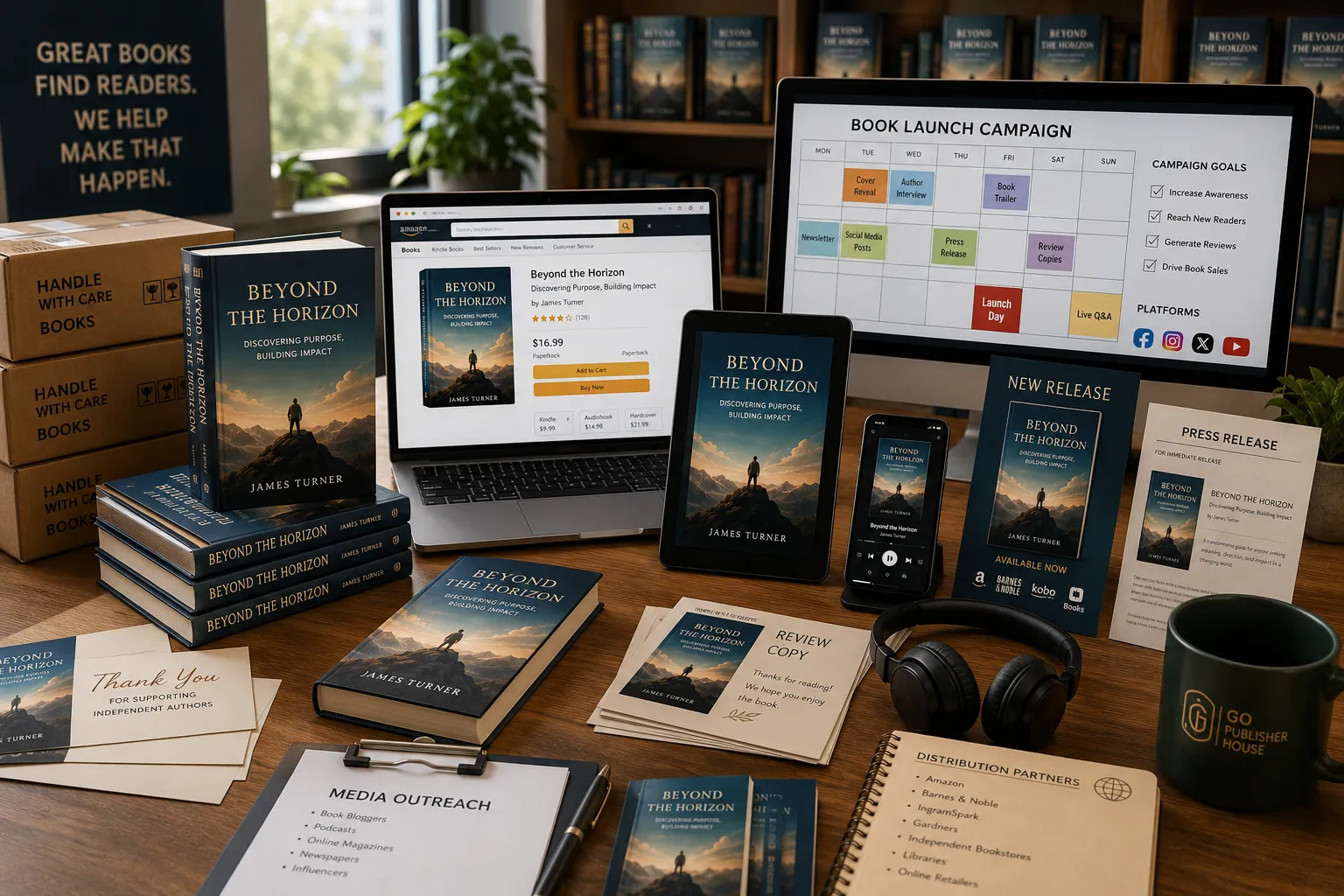 Author manuscript progressing through editing, cover design, formatting, production, marketing and distribution into a professionally published book.