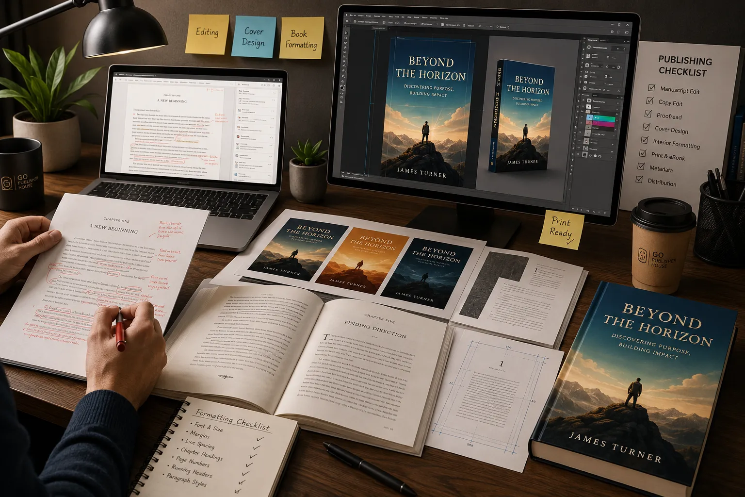 Editor preparing a manuscript for publication with proofreading notes, cover design proofs, interior formatting and a completed book.