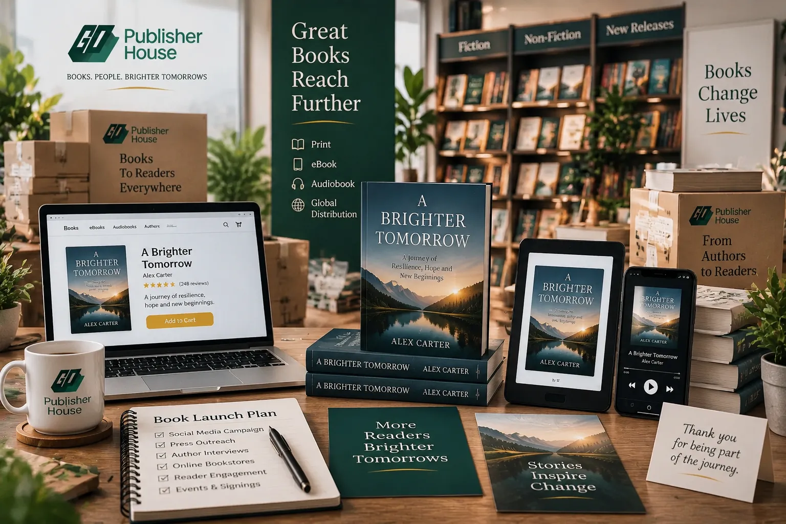 Professional book launch workspace showing printed books, ebook and audiobook formats, online bookstore listing, marketing materials, and distribution elements for reaching readers.