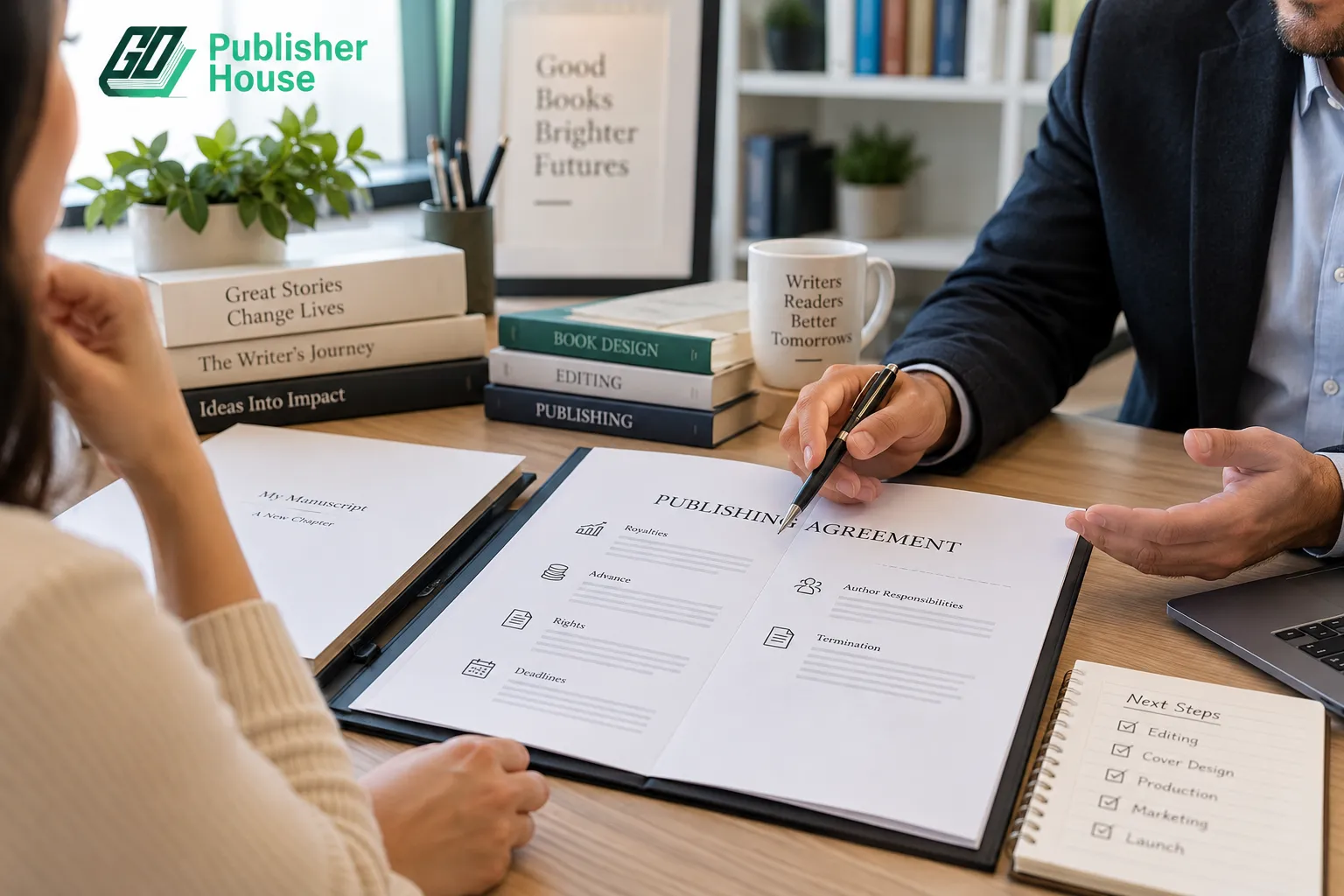 Author reviewing a publishing agreement with a publisher, covering royalties, rights, deadlines, and responsibilities, with Go Publisher House branding.