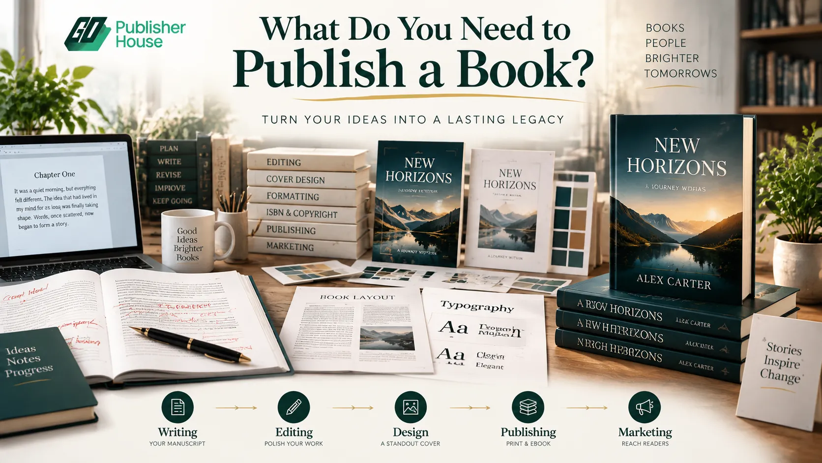 Featured image showing the complete book publishing journey from manuscript writing and editing to book design, publishing, marketing, and reaching readers.