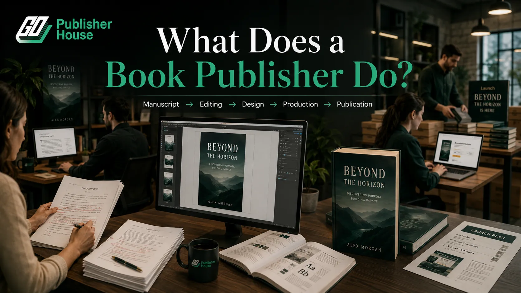 Show that publishing involves multiple professionals working together to turn an author’s manuscript into a professional book.