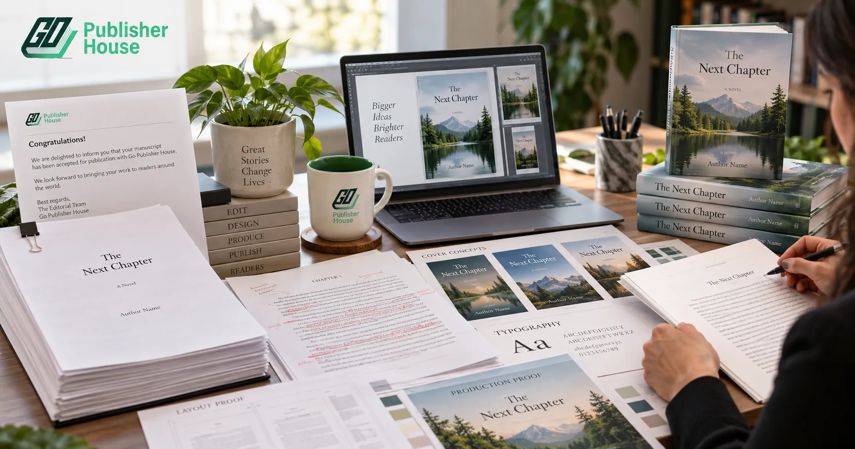 Publishing process from accepted manuscript to edited pages, book cover design, production proofs, and finished printed books with Go Publisher House branding.