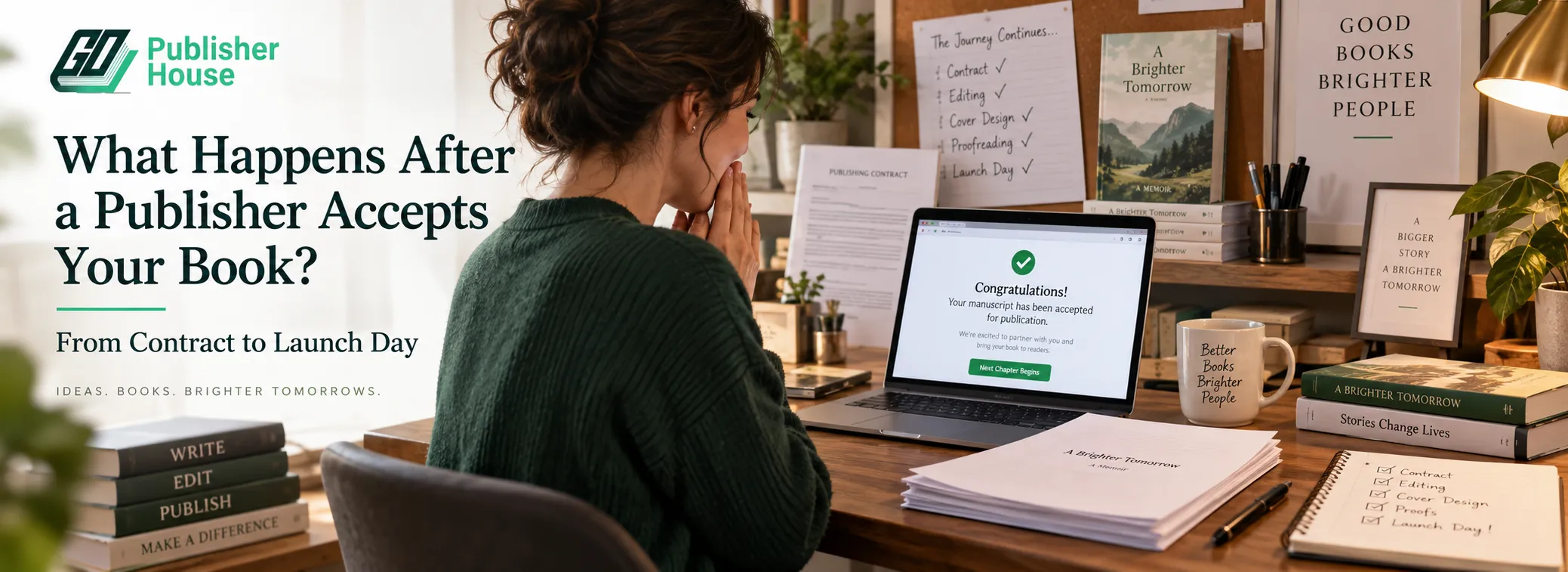 Author reacting to a manuscript acceptance email at a publishing workspace with books, contract papers, and Go Publisher House branding, illustrating what happens after a publisher accepts your book.
