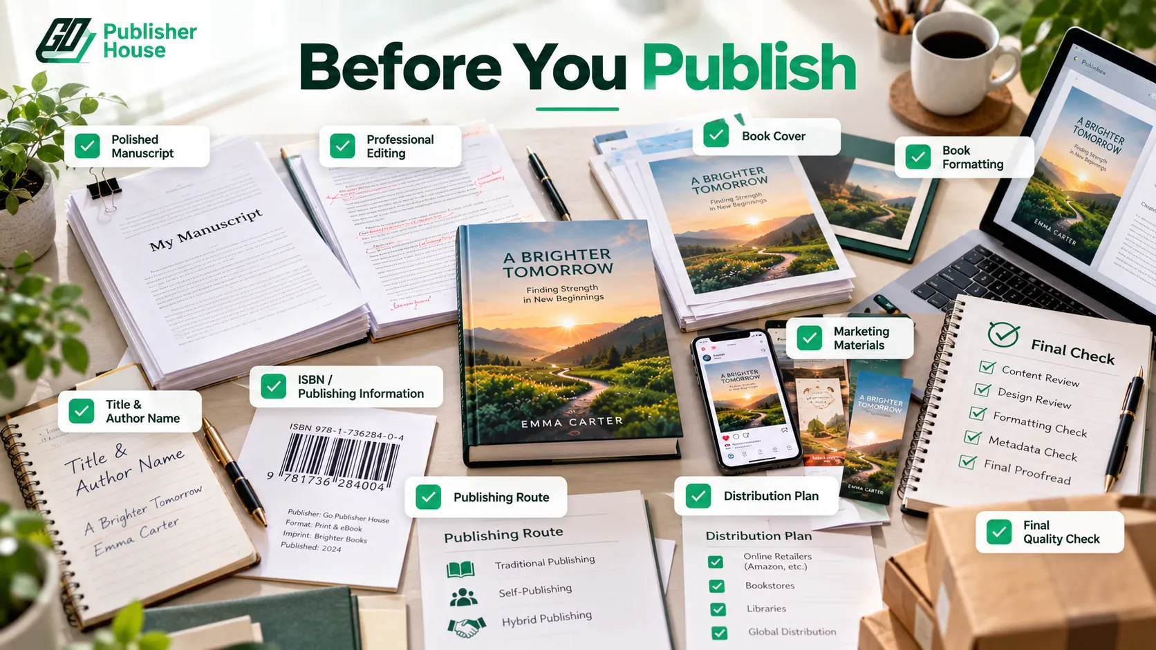 Publishing-ready checklist showing a polished manuscript, professional editing, book cover, formatting, ISBN details, distribution, marketing materials, and final quality checks.