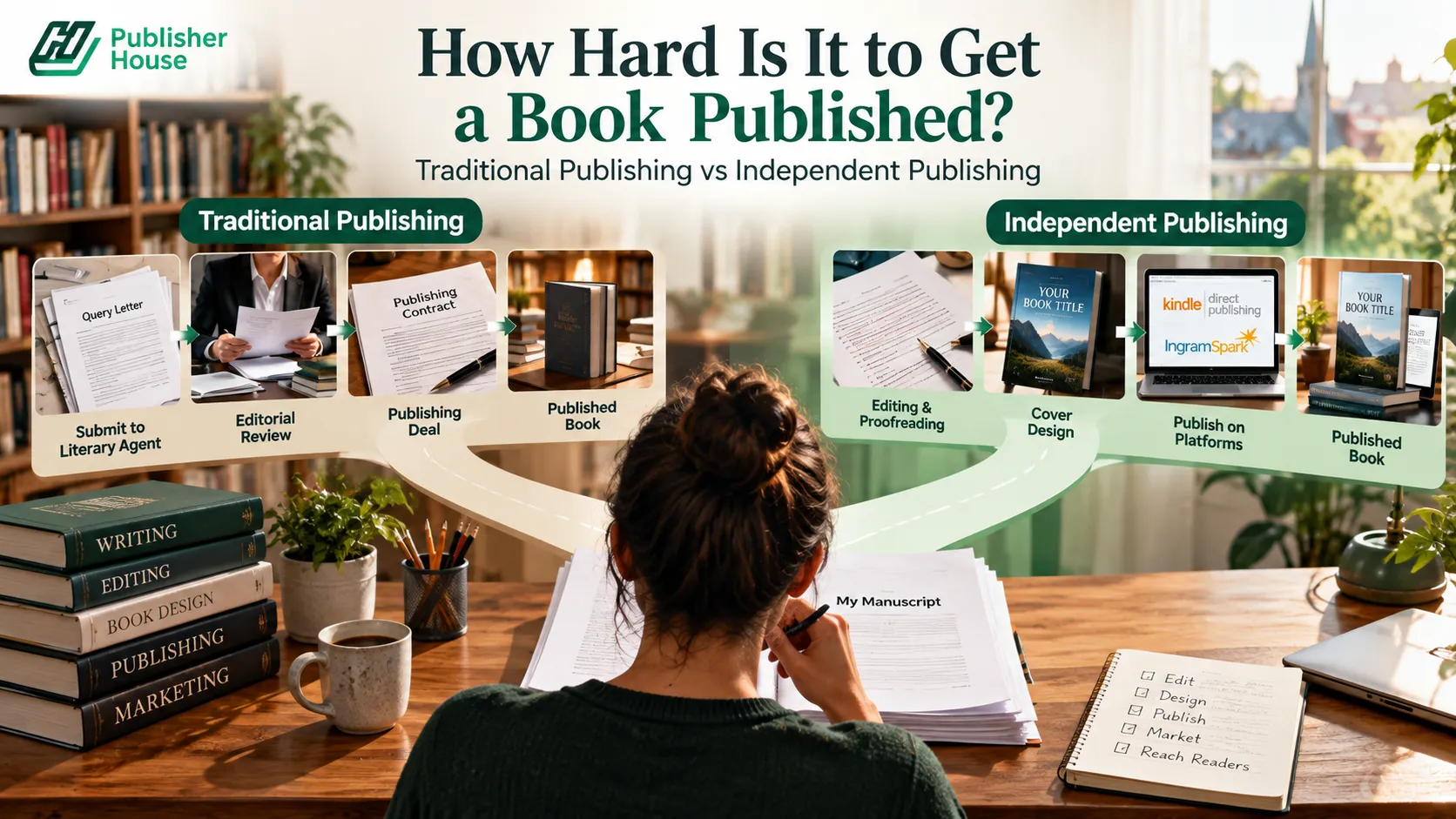Traditional publishing process showing manuscript submission, literary agent review, publisher evaluation, and publishing contract.