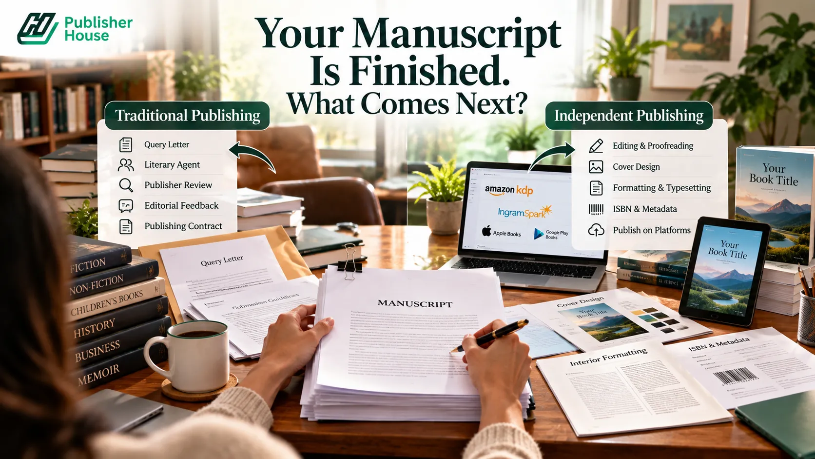 Author reviewing a finished manuscript while comparing traditional publishing and independent publishing routes.