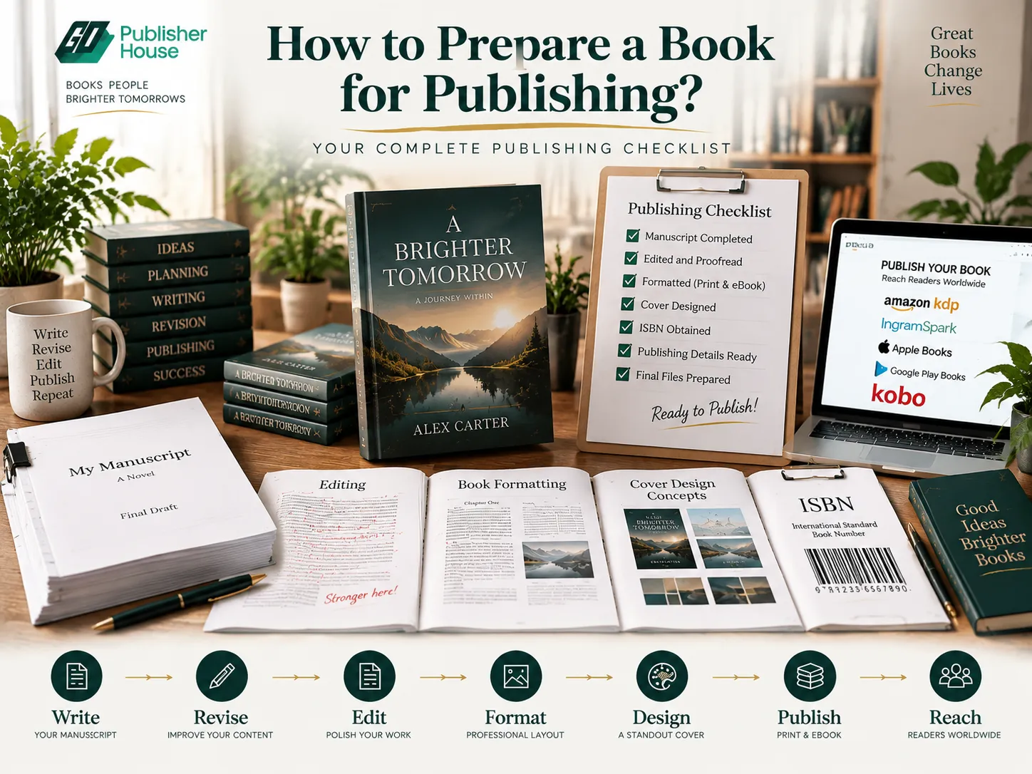 Featured image showing a complete book publishing preparation checklist with manuscript, editing, formatting, cover design, ISBN, publishing workflow, and finished book.