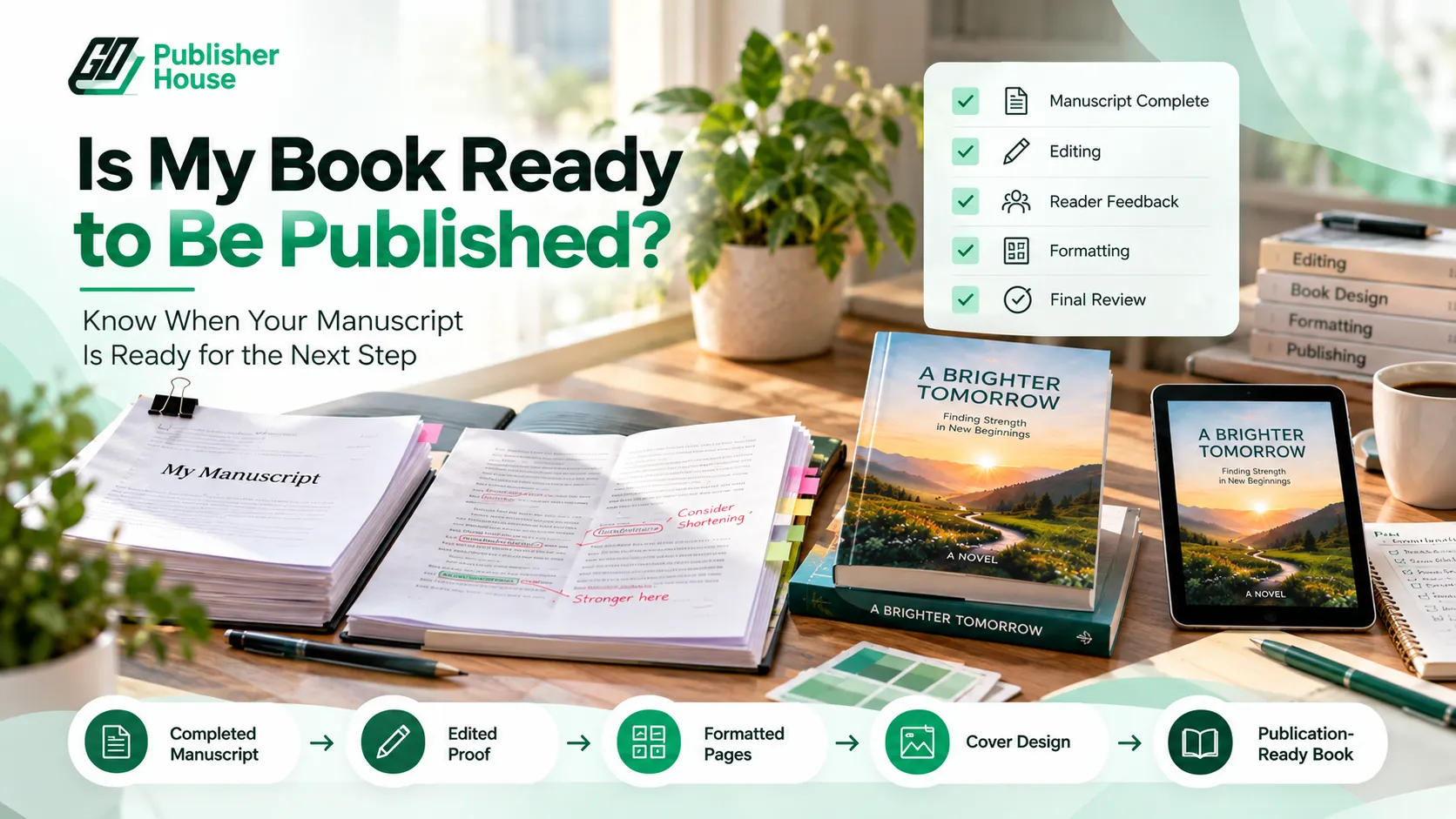 Publication-ready book shown alongside an edited manuscript, formatting proofs, reader feedback checklist, and final publishing stages.