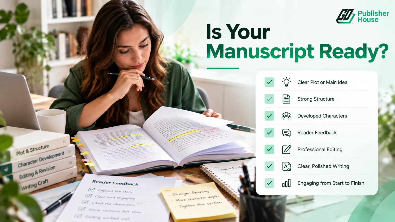 Author reviewing an edited manuscript with a checklist for plot, structure, characters, reader feedback, editing, and polished writing.